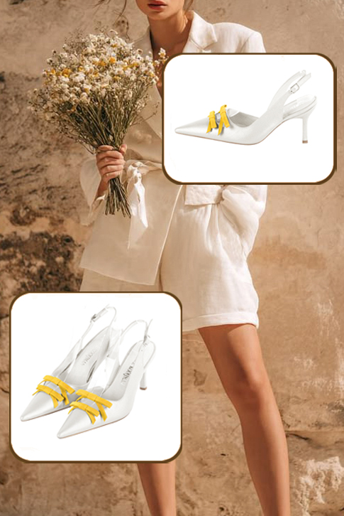 Women's pure white and yellow elegant slingback heels, with a bow on the front. Pointed toe. High slim heel - Top view